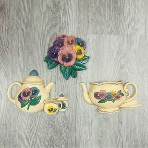 VTG Home Interiors Burwood Wall Decor Pansy Teapot 3pc Set Cottagecore farmhouse